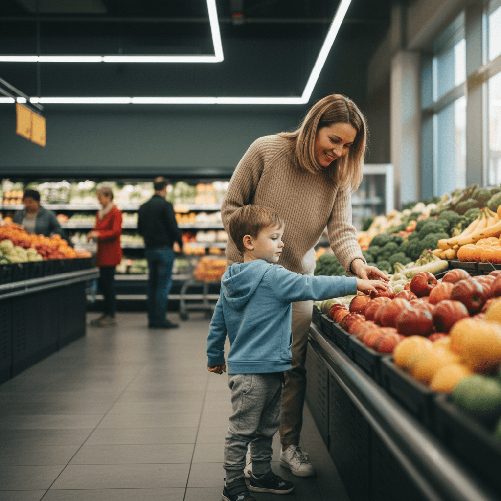 Child reaching for fruit at a grocery store with therapist nearby