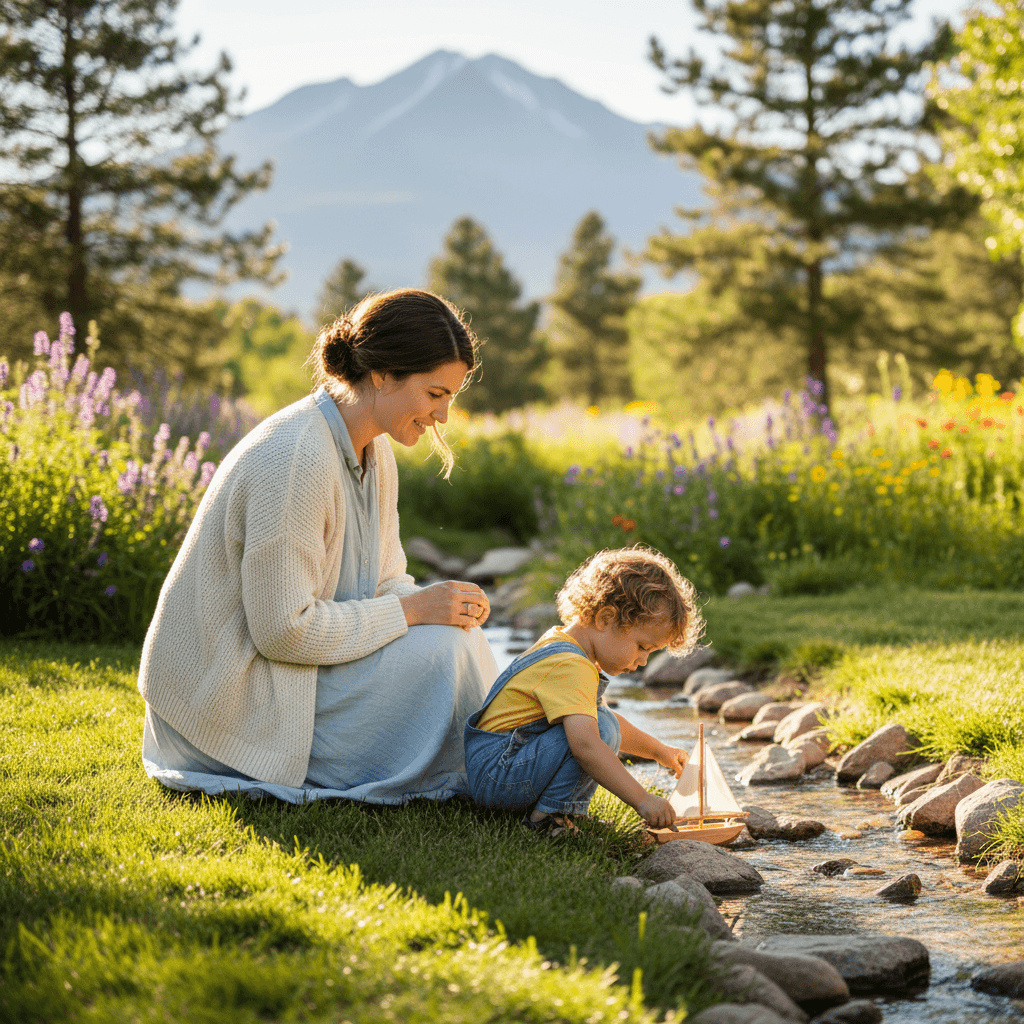 Therapist attentively observing child playing in a sunny park setting, Colorado Springs.