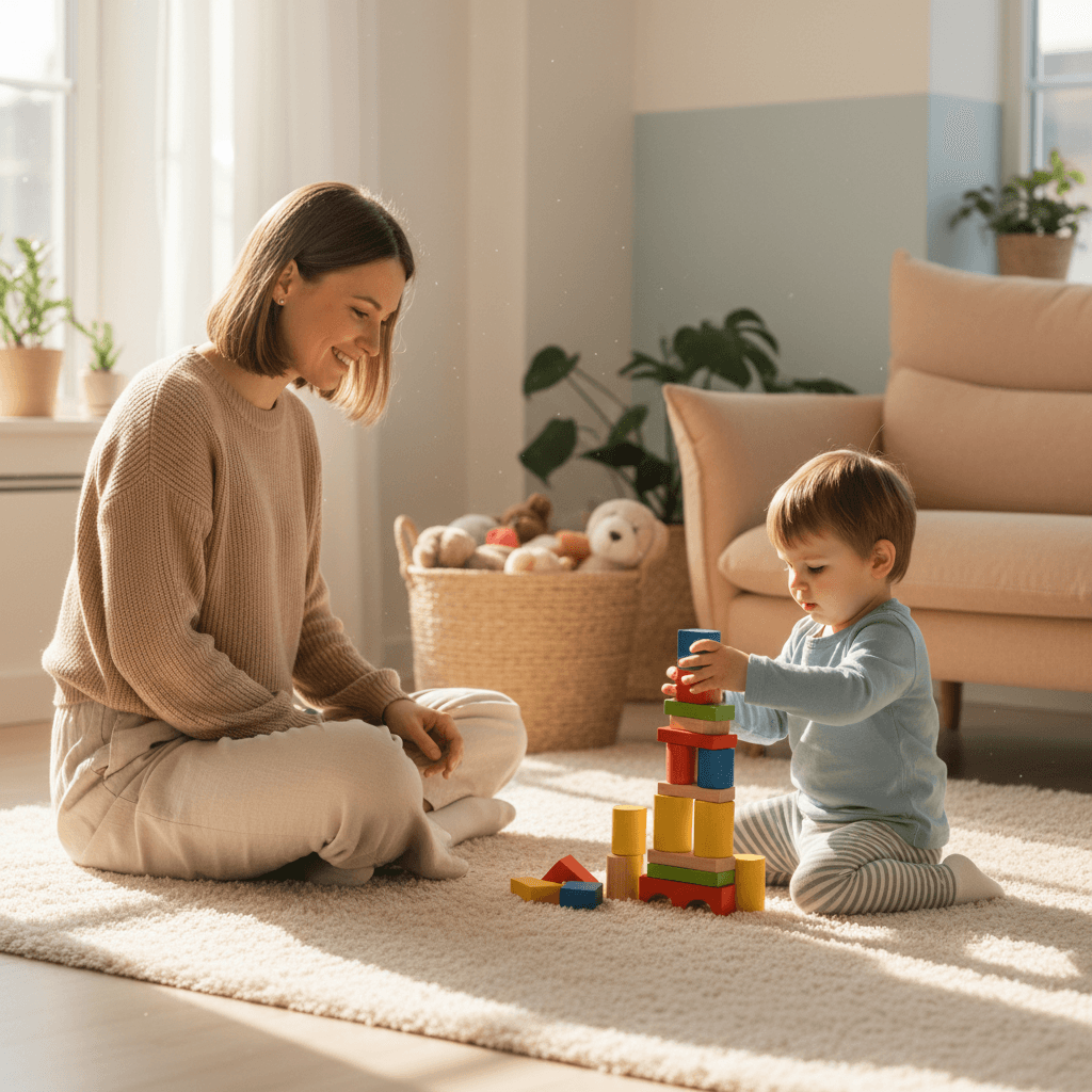 A therapist sitting on the floor observing a child playing with blocks