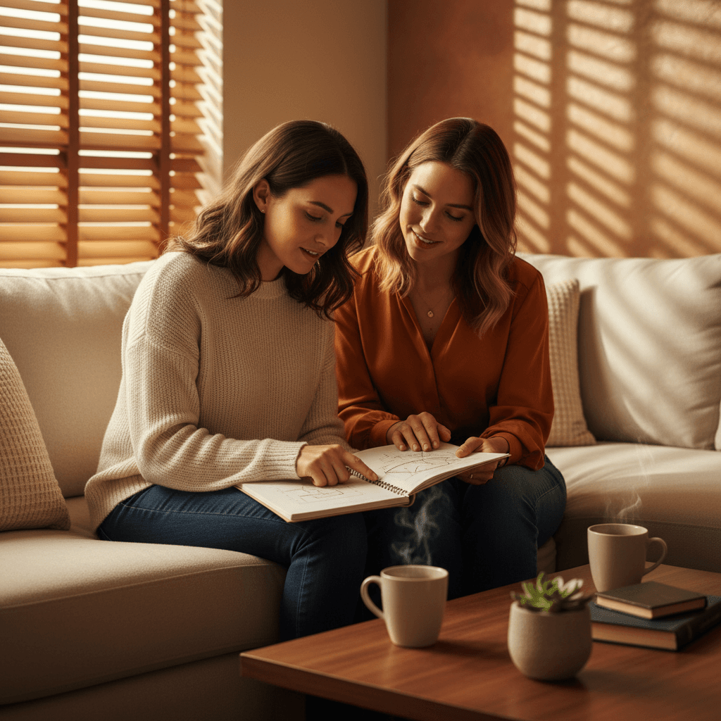 Therapist and parent sitting on a couch reviewing notes together
