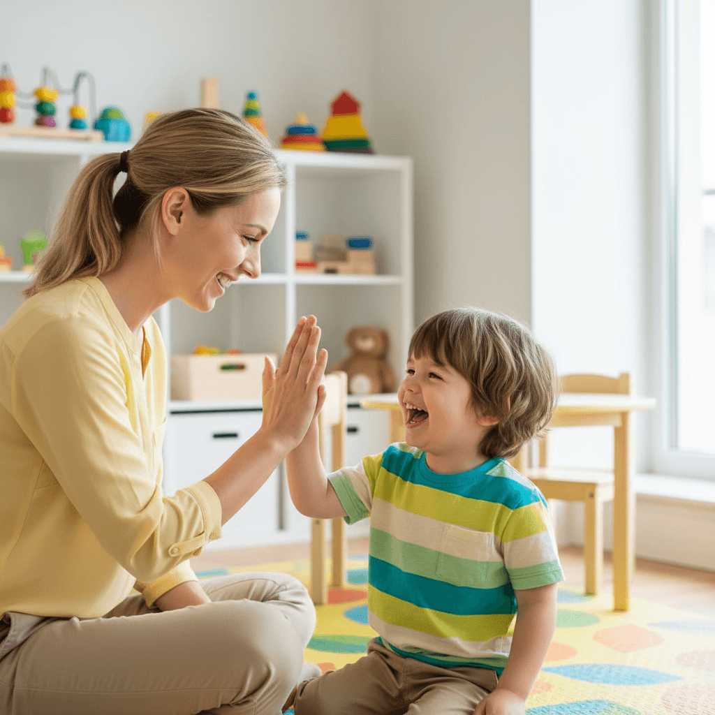 Child and therapist sharing a happy high-five on a play mat