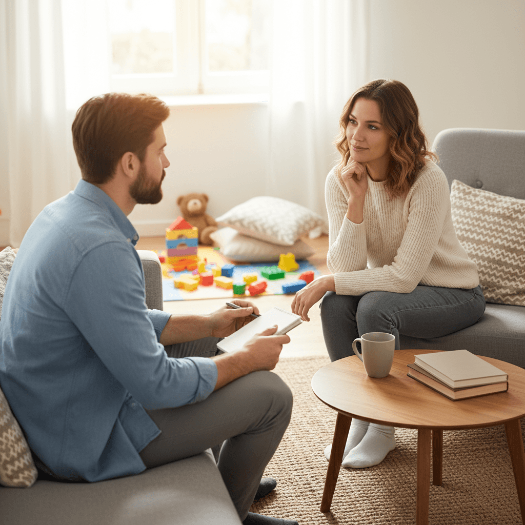 Parent and therapist in a cozy home setting, engaged in a supportive conversation.