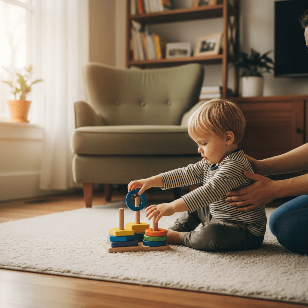 Child reaching for a toy during therapy session at home