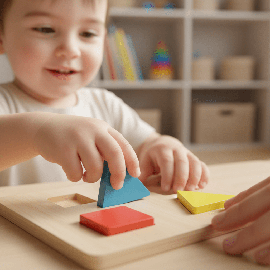 Close-up of a child's hands fitting a puzzle piece with gentle guidance