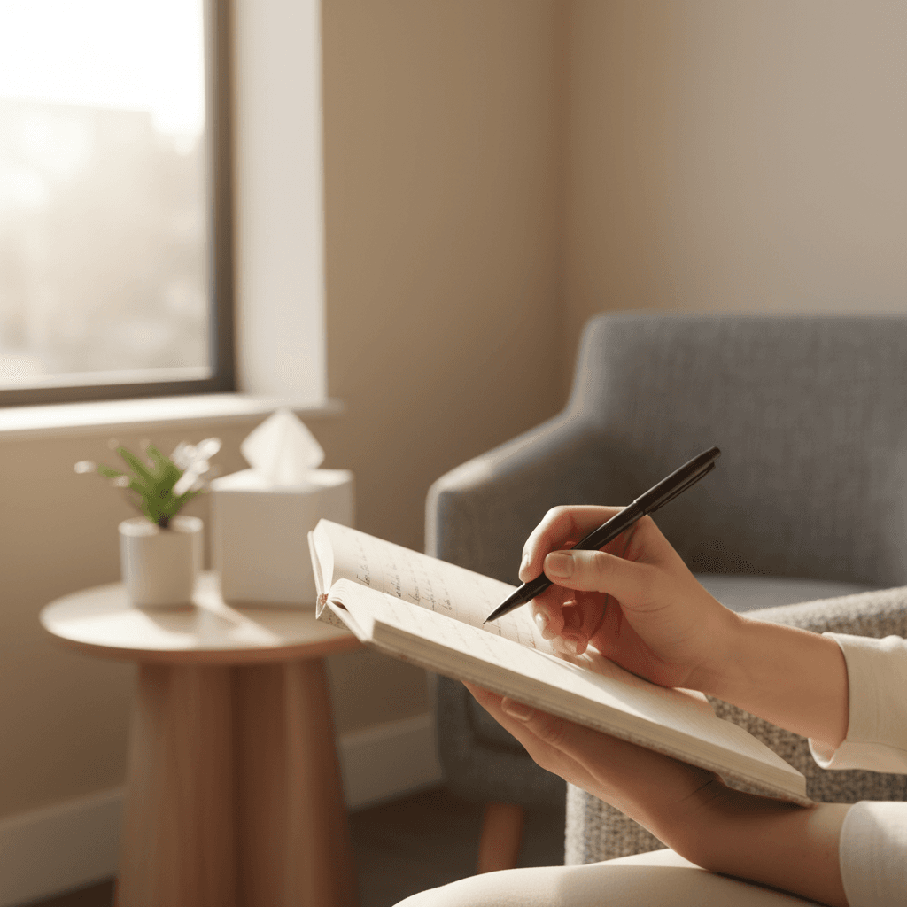 Therapist sitting on floor with young child in cozy home setting