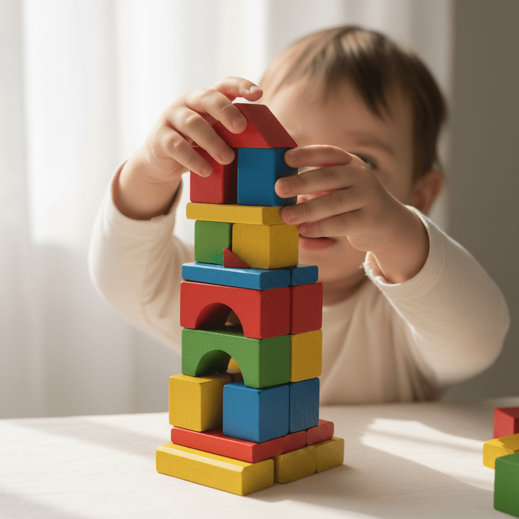 Child playing with building blocks at home